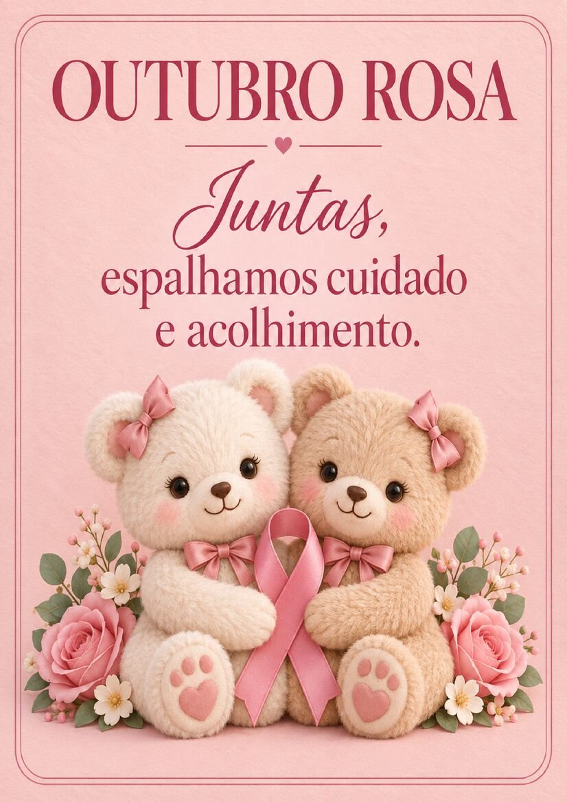 Imagem Outubro Rosa com dois ursinhos de pelúcia segurando laço rosa e frase sobre cuidado e acolhimento